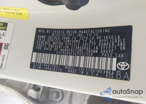 2014 Toyota Corolla Le z USA, uszkodzony, nr VIN 5YFBURHE4EP052150